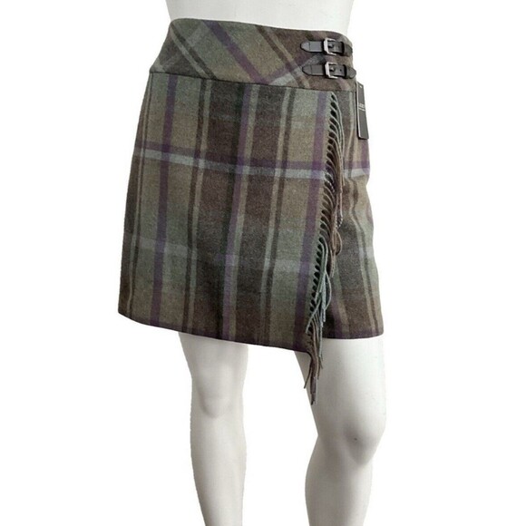 Lauren Ralph Lauren Skirt 12 Plaid Faux Wrap Fringe Buckle Detail Black Label - Picture 1 of 9
